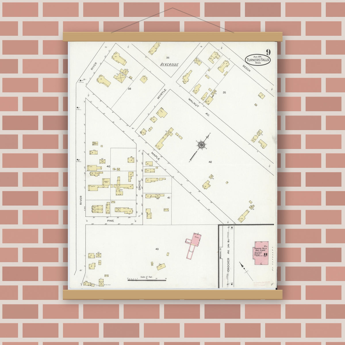 Old map wall art mockup — magnetic wood frame on brick wall — Sanborn Fire Insurance Map from Turners Falls, Franklin County, Massachusetts (1914), Sheet #0009