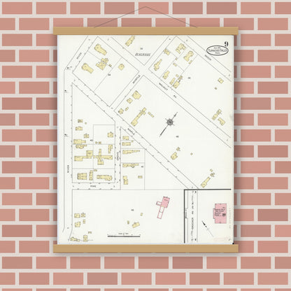 Old map wall art mockup — magnetic wood frame on brick wall — Sanborn Fire Insurance Map from Turners Falls, Franklin County, Massachusetts (1914), Sheet #0009