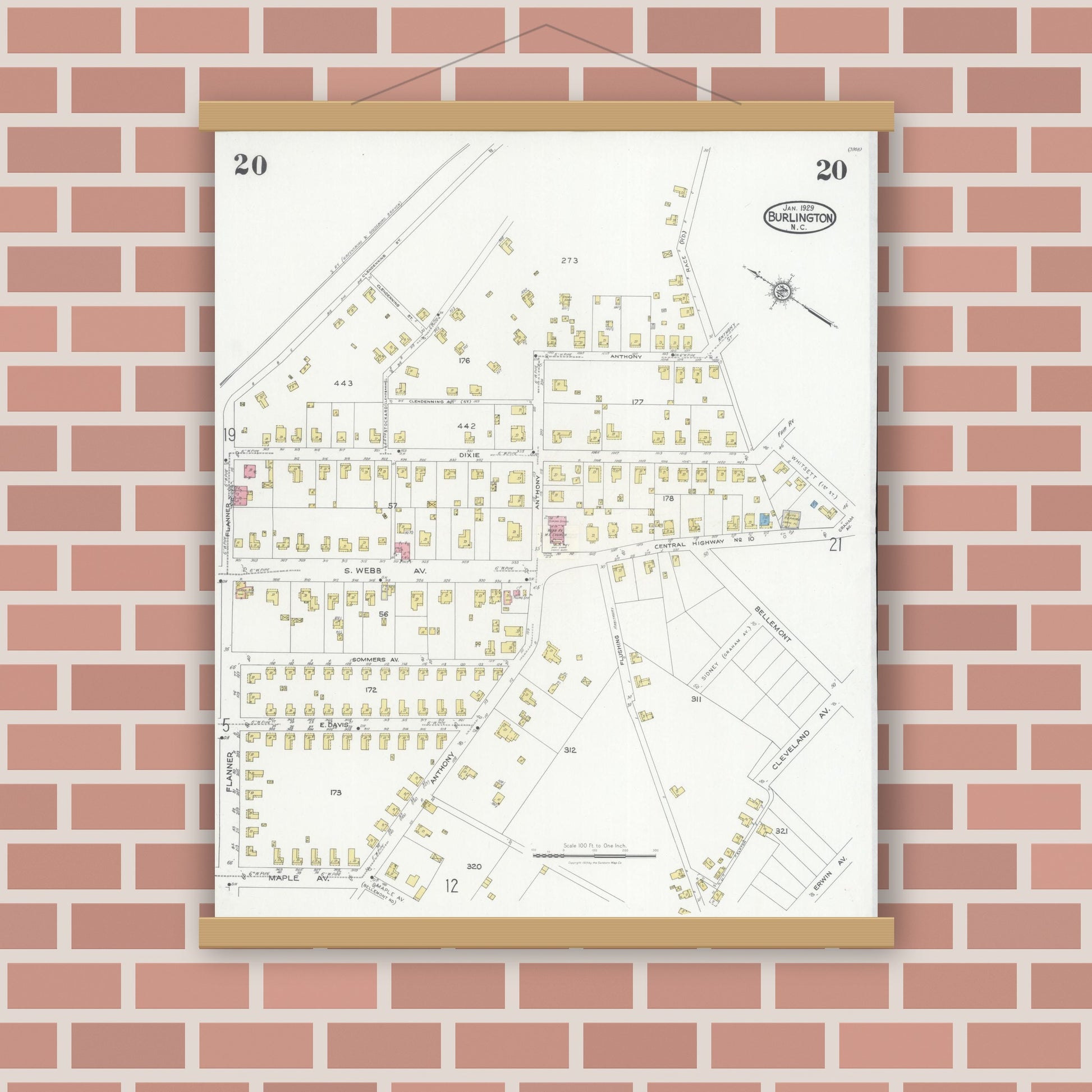 Old map wall art mockup — magnetic wood frame on brick wall — Sanborn Fire Insurance Map from Burlington, Alamance County, North Carolina (1929), Sheet #0020