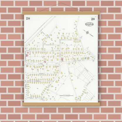 Old map wall art mockup — magnetic wood frame on brick wall — Sanborn Fire Insurance Map from Burlington, Alamance County, North Carolina (1929), Sheet #0020
