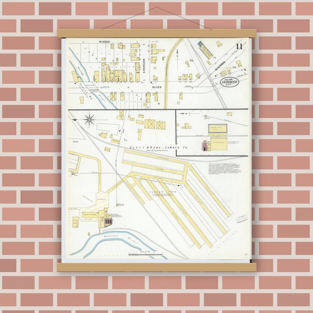 Old map wall art mockup — magnetic wood frame on brick wall — Sanborn Fire Insurance Map from Ironwood, Gogebic County, Michigan (1908), Sheet #0011