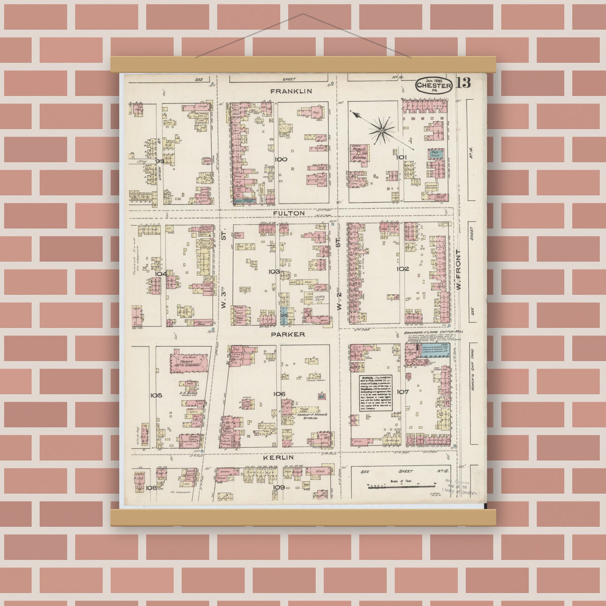 Old map wall art mockup — magnetic wood frame on brick wall — Sanborn Fire Insurance Map from Chester, Delaware County, Pennsylvania (1885), Sheet #0013