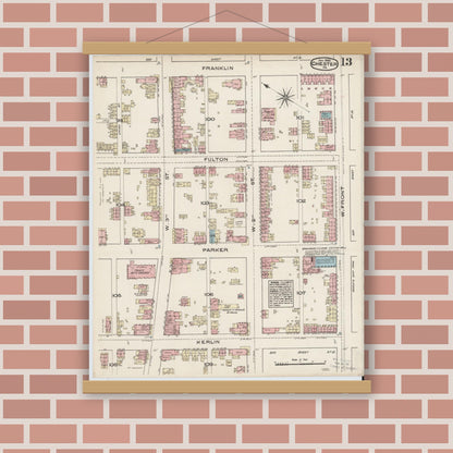 Old map wall art mockup — magnetic wood frame on brick wall — Sanborn Fire Insurance Map from Chester, Delaware County, Pennsylvania (1885), Sheet #0013