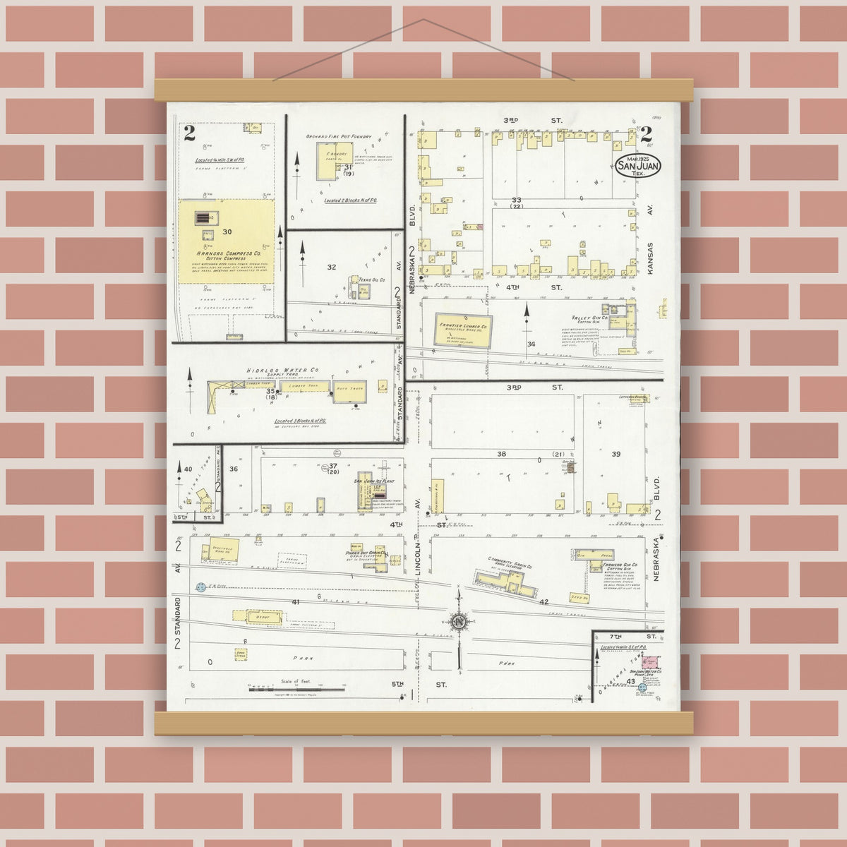 Old map wall art mockup — magnetic wood frame on brick wall — Sanborn Fire Insurance Map from San Juan, Hidalgo County, Texas (1925), Sheet #0002
