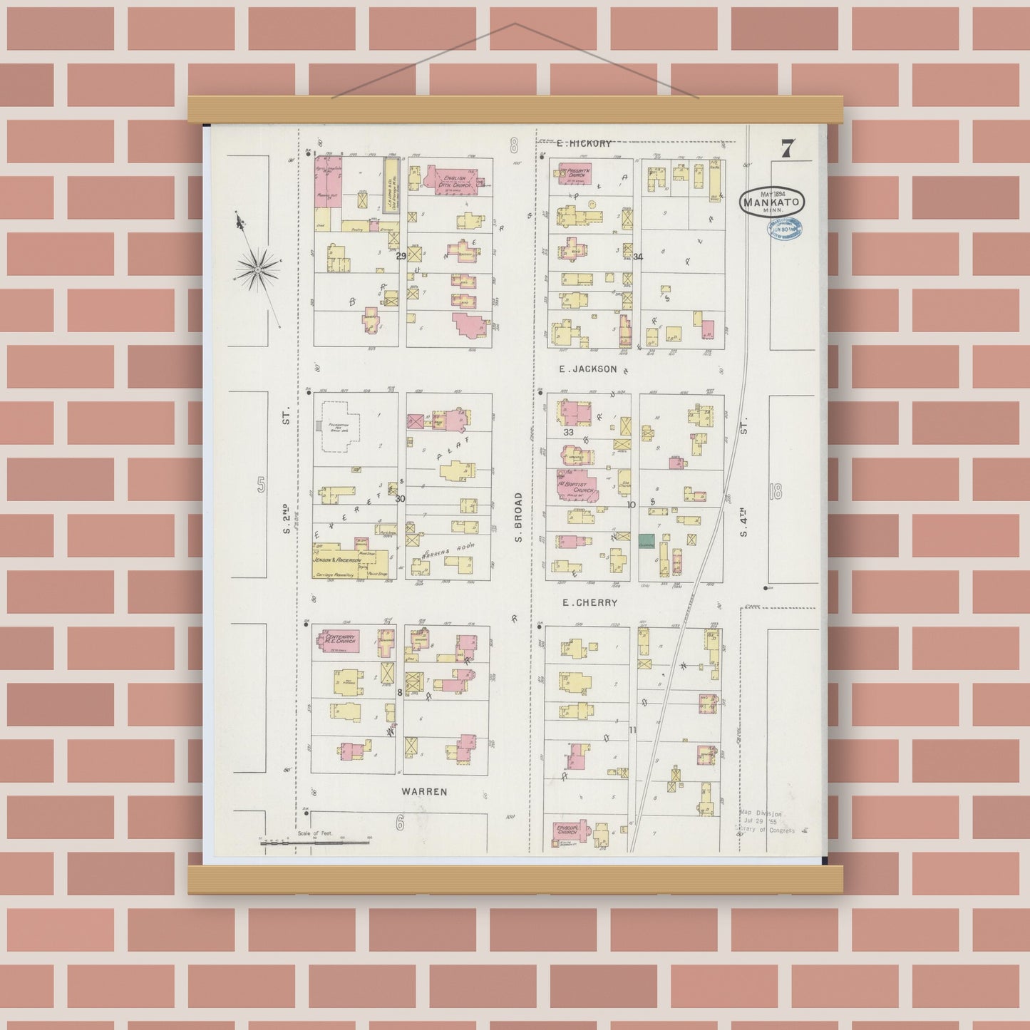 Old map wall art mockup — magnetic wood frame on brick wall — Sanborn Fire Insurance Map from Mankato, Blue Earth County, Minnesota (1894), Sheet #0007