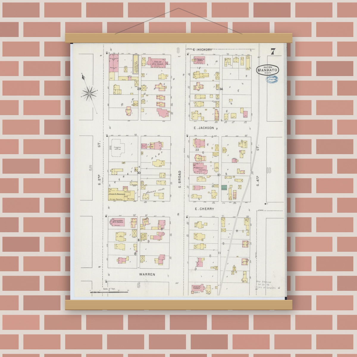 Old map wall art mockup — magnetic wood frame on brick wall — Sanborn Fire Insurance Map from Mankato, Blue Earth County, Minnesota (1894), Sheet #0007