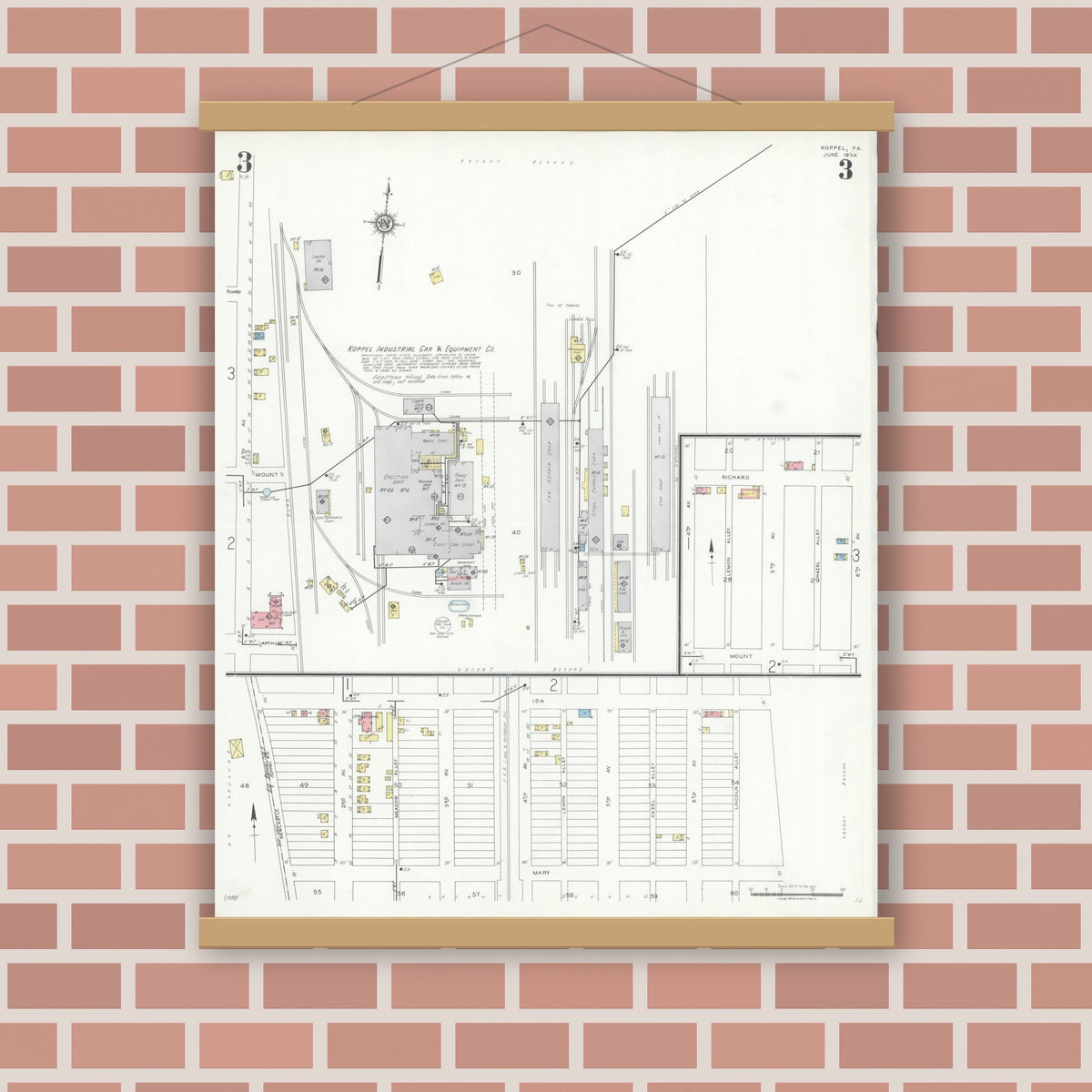 Old map wall art mockup — magnetic wood frame on brick wall — Sanborn Fire Insurance Map from Koppel, Beaver County, Pennsylvania (1934), Sheet #0003