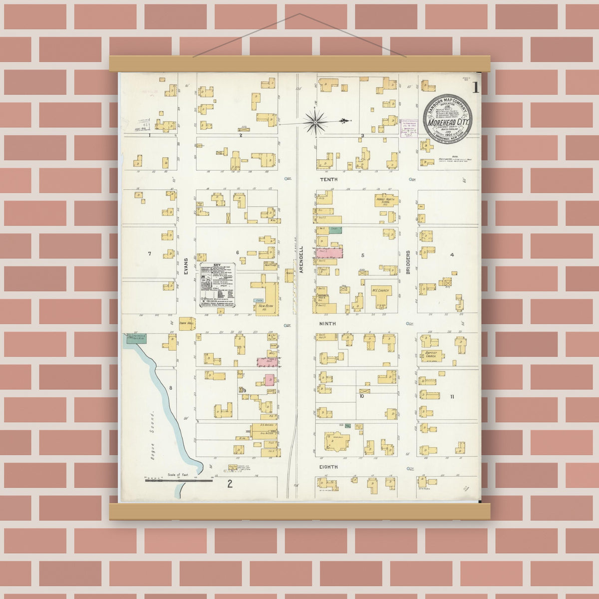 Old map wall art mockup — magnetic wood frame on brick wall — Sanborn Fire Insurance Map from Morehead City, Carteret County, North Carolina (1904) - Complete Map Set