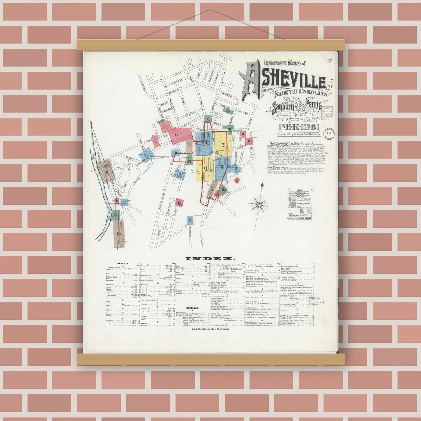 Old map wall art mockup — magnetic wood frame on brick wall — Sanborn Fire Insurance Map from Asheville, Buncombe County, North Carolina (1901), Sheet #0001