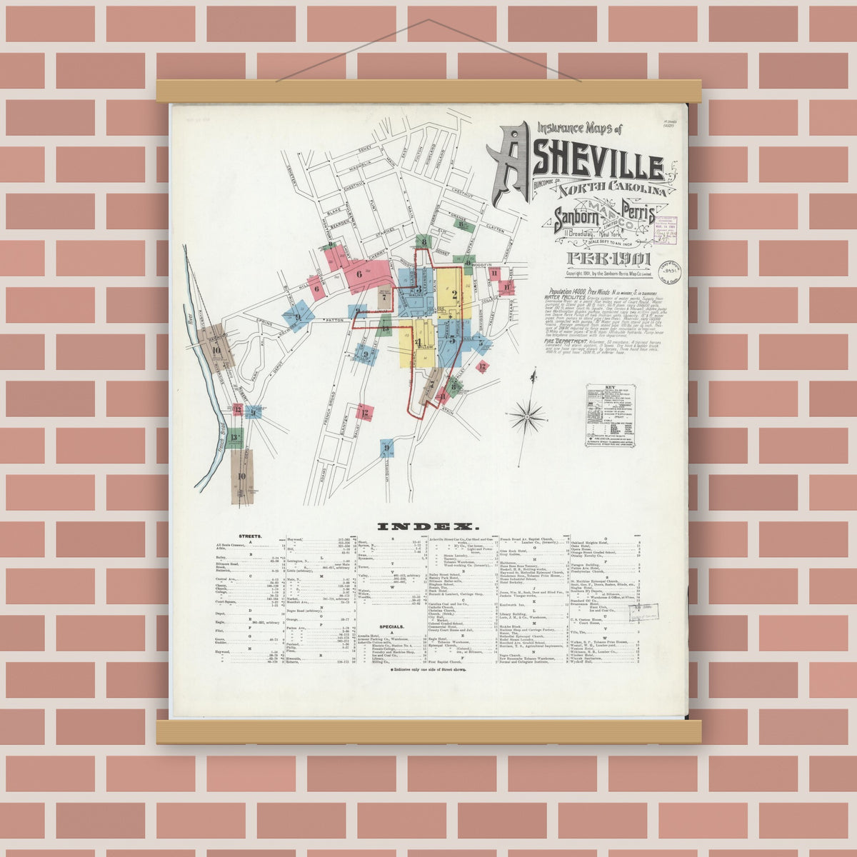 Old map wall art mockup — magnetic wood frame on brick wall — Sanborn Fire Insurance Map from Asheville, Buncombe County, North Carolina (1901), Sheet #0001