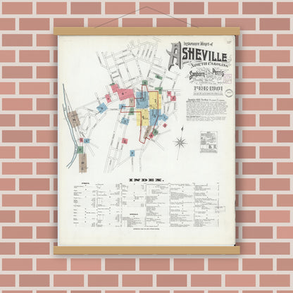 Old map wall art mockup — magnetic wood frame on brick wall — Sanborn Fire Insurance Map from Asheville, Buncombe County, North Carolina (1901), Sheet #0001
