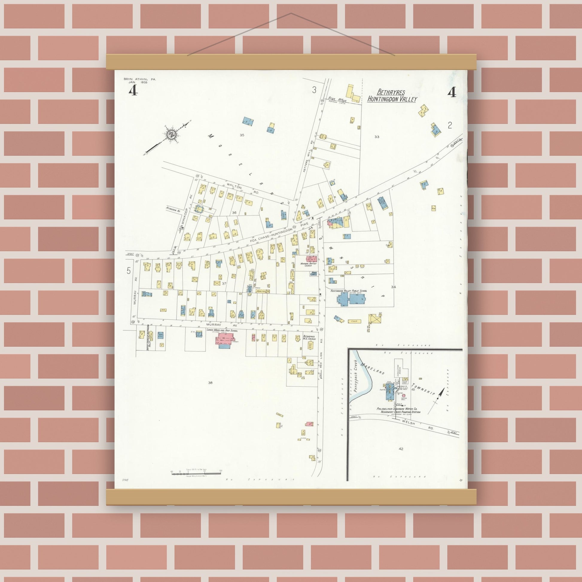 Old map wall art mockup — magnetic wood frame on brick wall — Sanborn Fire Insurance Map from Bryn Athyn, Montgomery County, Pennsylvania (1933), Sheet #0004