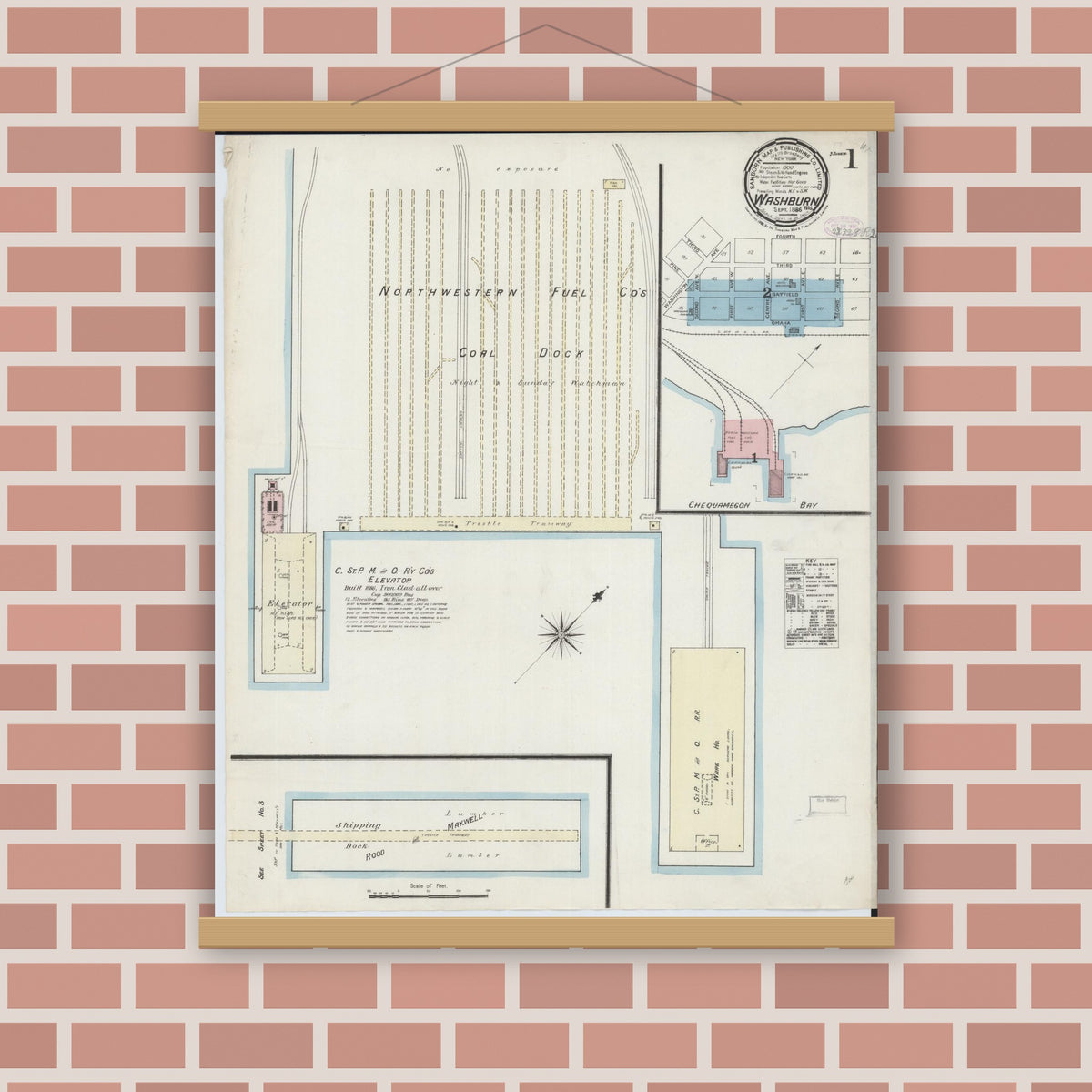 Old map wall art mockup — magnetic wood frame on brick wall — Sanborn Fire Insurance Map from Washburn, Bayfield County, Wisconsin (1886), Sheet #0001