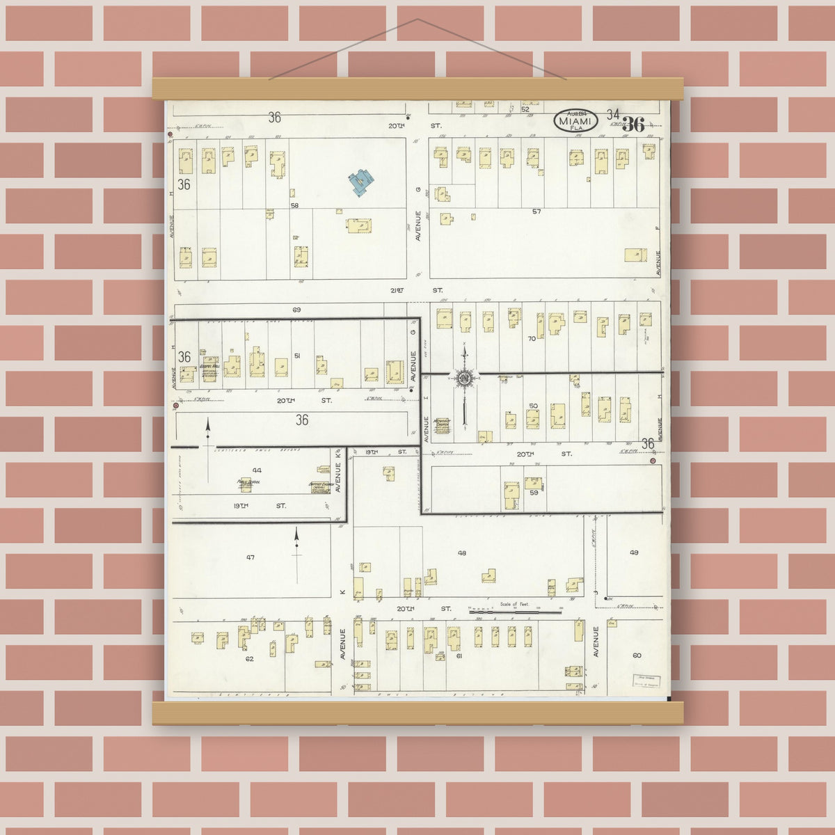 Old map wall art mockup — magnetic wood frame on brick wall — Sanborn Fire Insurance Map from Miami, Dade County, Florida (1914), Sheet #0036