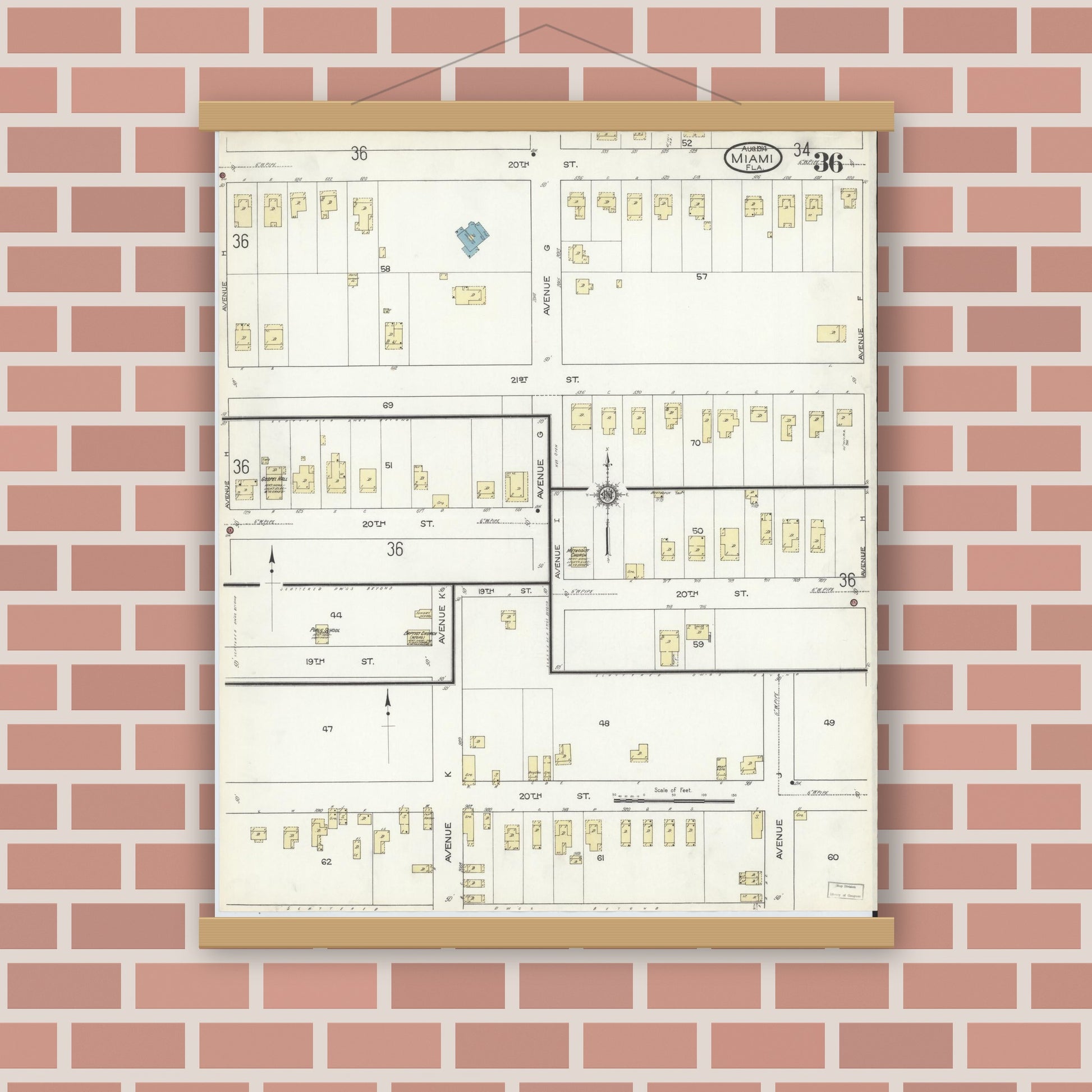 Old map wall art mockup — magnetic wood frame on brick wall — Sanborn Fire Insurance Map from Miami, Dade County, Florida (1914), Sheet #0036