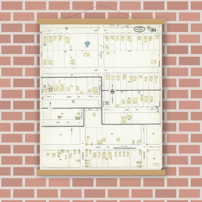 Old map wall art mockup — magnetic wood frame on brick wall — Sanborn Fire Insurance Map from Miami, Dade County, Florida (1914), Sheet #0036