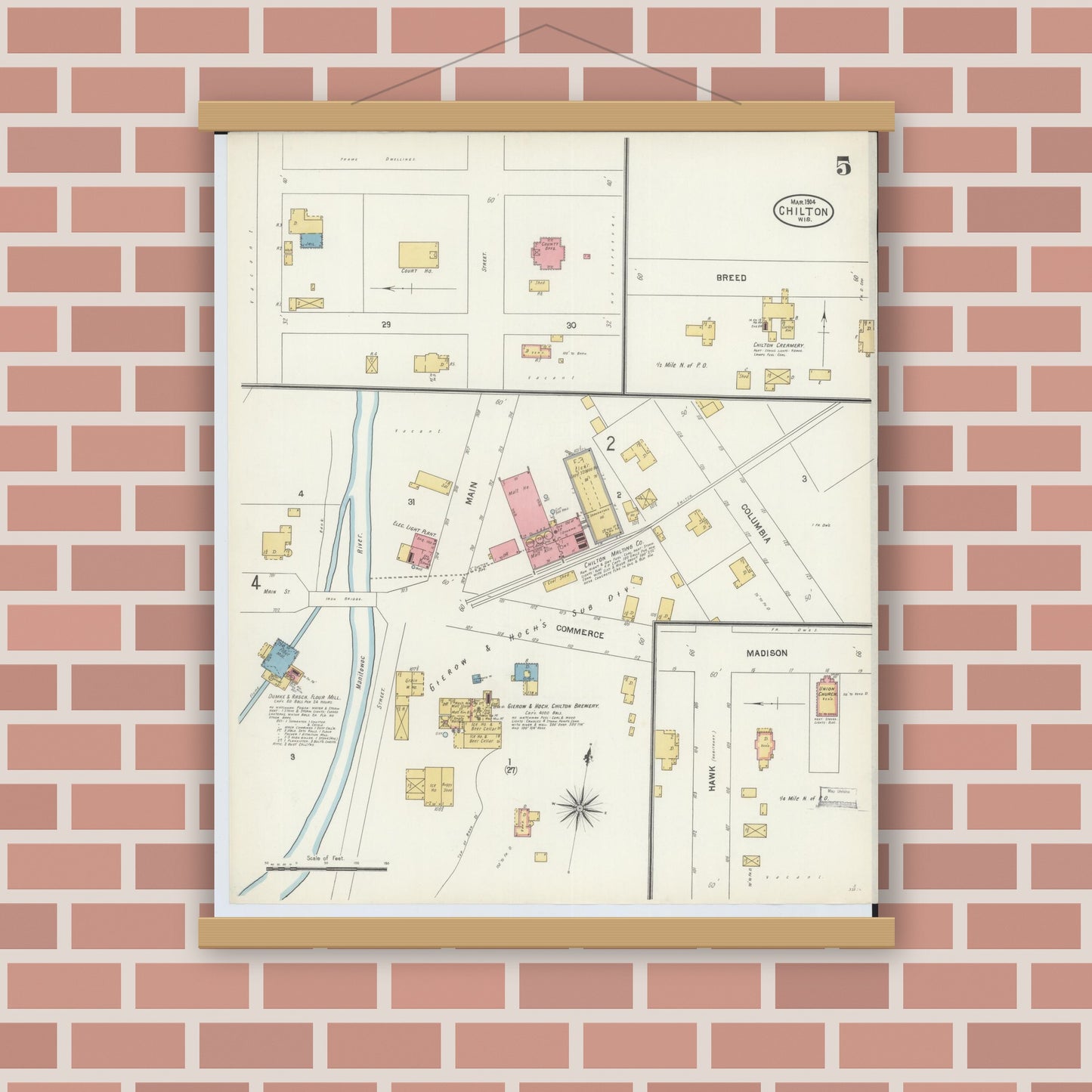 Old map wall art mockup — magnetic wood frame on brick wall — Sanborn Fire Insurance Map from Chilton, Calumet County, Wisconsin (1904), Sheet #0005