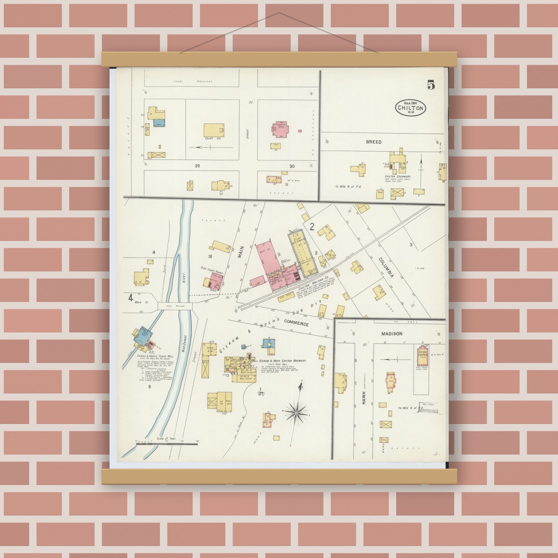 Old map wall art mockup — magnetic wood frame on brick wall — Sanborn Fire Insurance Map from Chilton, Calumet County, Wisconsin (1904), Sheet #0005