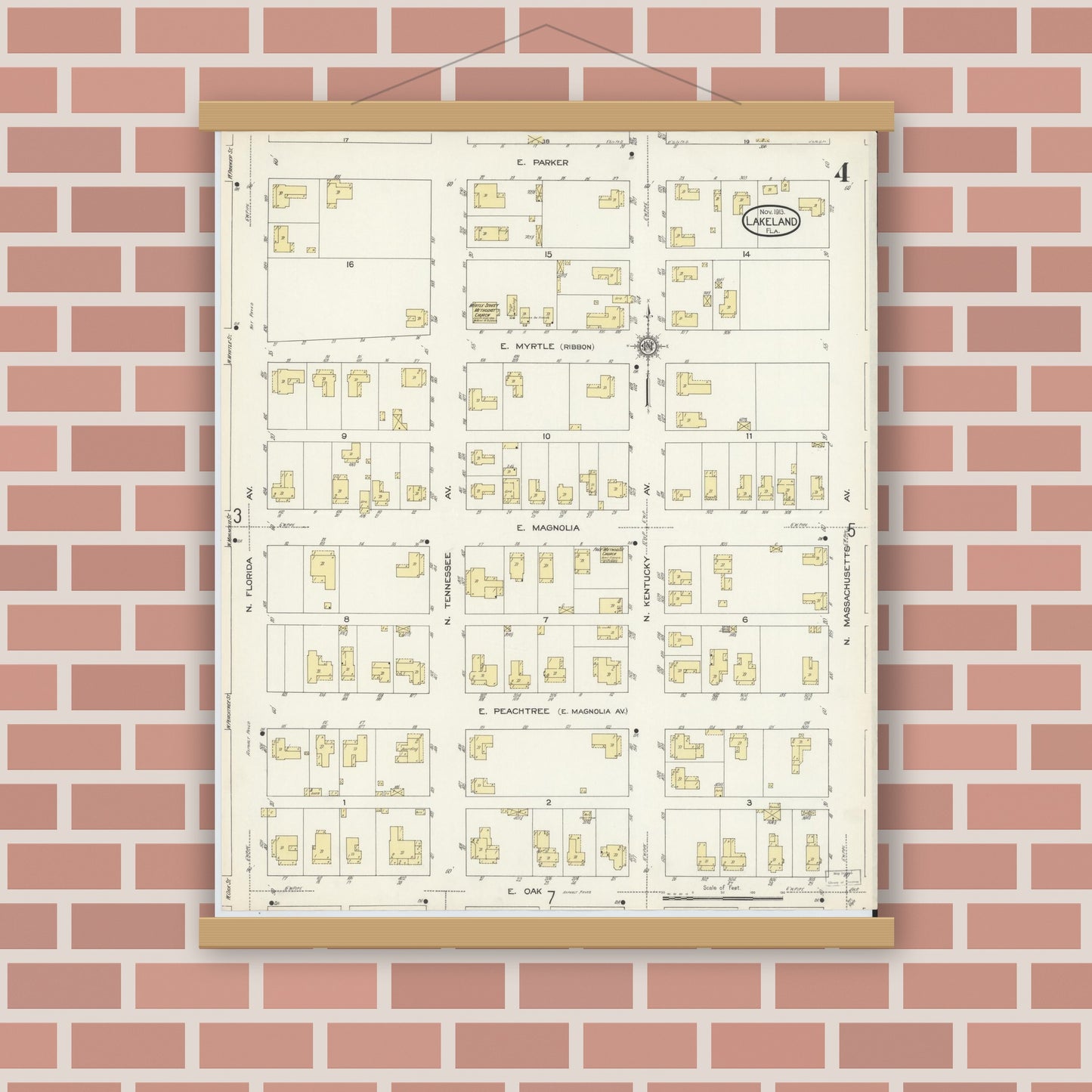 Old map wall art mockup — magnetic wood frame on brick wall — Sanborn Fire Insurance Map from Lakeland, Polk County, Florida (1913), Sheet #0004