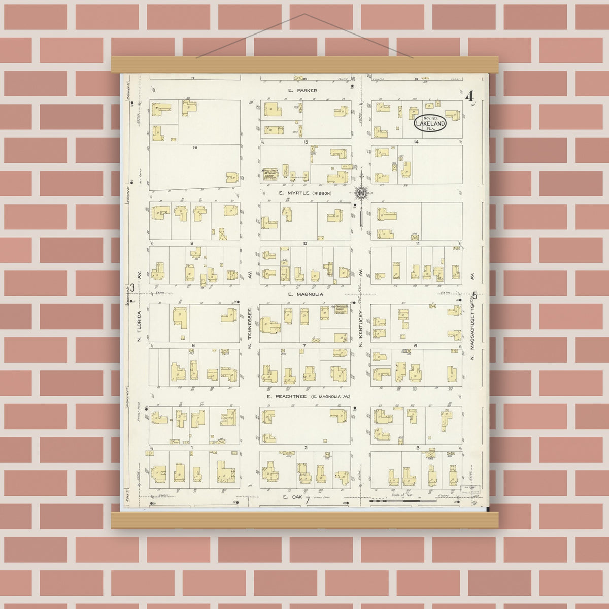 Old map wall art mockup — magnetic wood frame on brick wall — Sanborn Fire Insurance Map from Lakeland, Polk County, Florida (1913), Sheet #0004