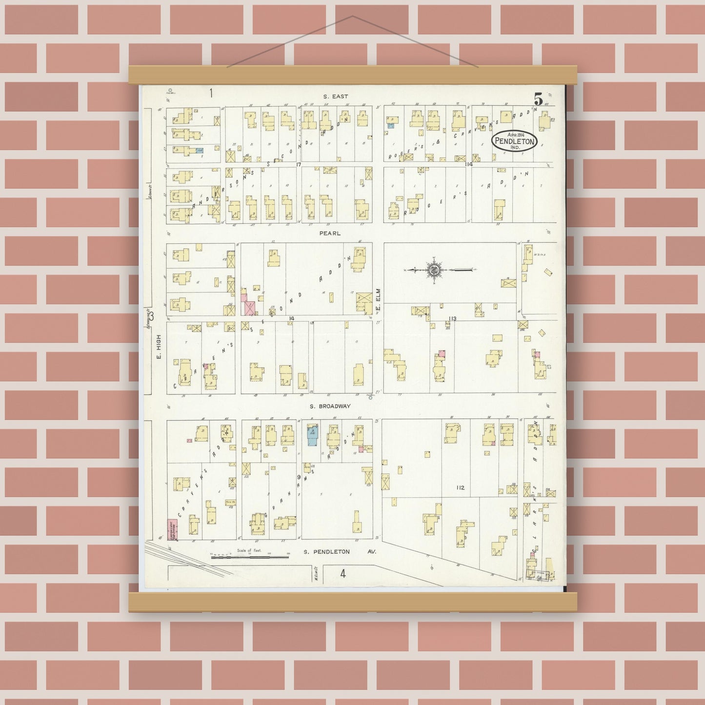 Old map wall art mockup — magnetic wood frame on brick wall — Sanborn Fire Insurance Map from Pendleton, Madison County, Indiana (1914), Sheet #0005