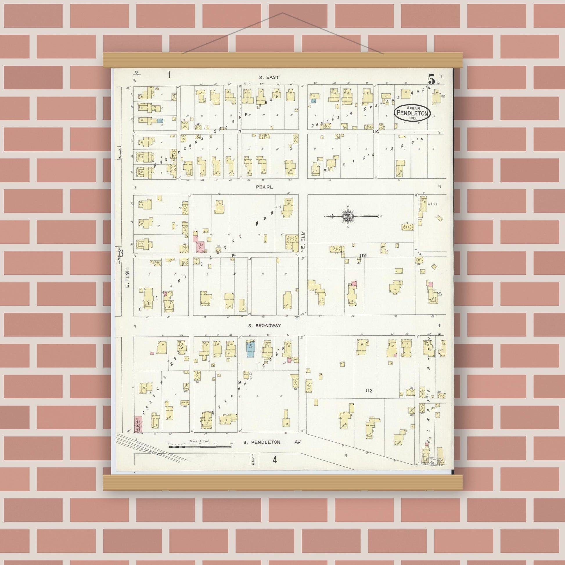 Old map wall art mockup — magnetic wood frame on brick wall — Sanborn Fire Insurance Map from Pendleton, Madison County, Indiana (1914), Sheet #0005