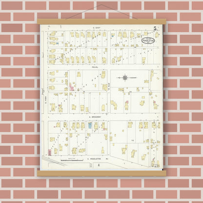 Old map wall art mockup — magnetic wood frame on brick wall — Sanborn Fire Insurance Map from Pendleton, Madison County, Indiana (1914), Sheet #0005
