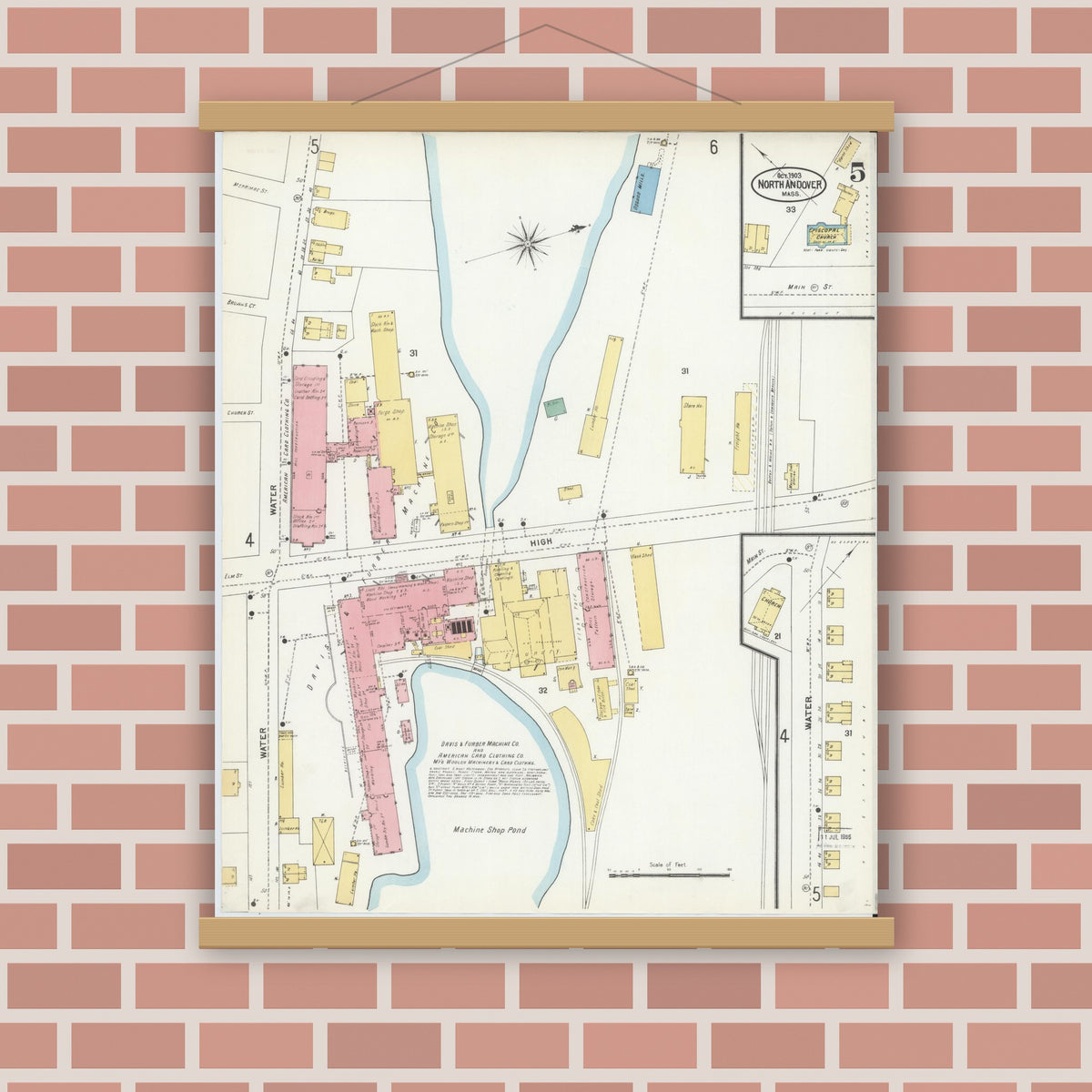 Old map wall art mockup — magnetic wood frame on brick wall — Sanborn Fire Insurance Map from North Andover, Essex County, Massachusetts (1903), Sheet #0005