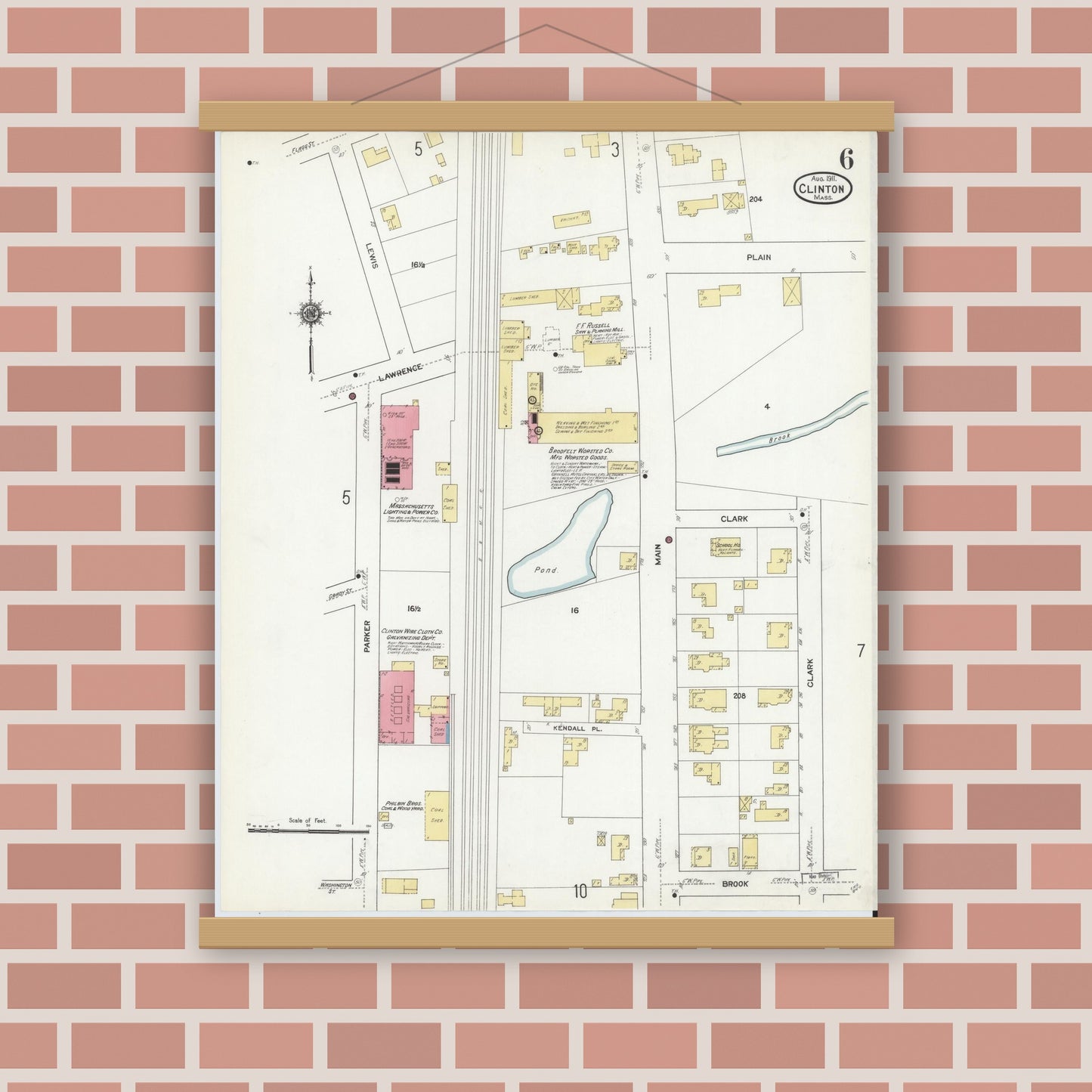 Old map wall art mockup — magnetic wood frame on brick wall — Sanborn Fire Insurance Map from Clinton, Worcester County, Massachusetts (1911), Sheet #0006