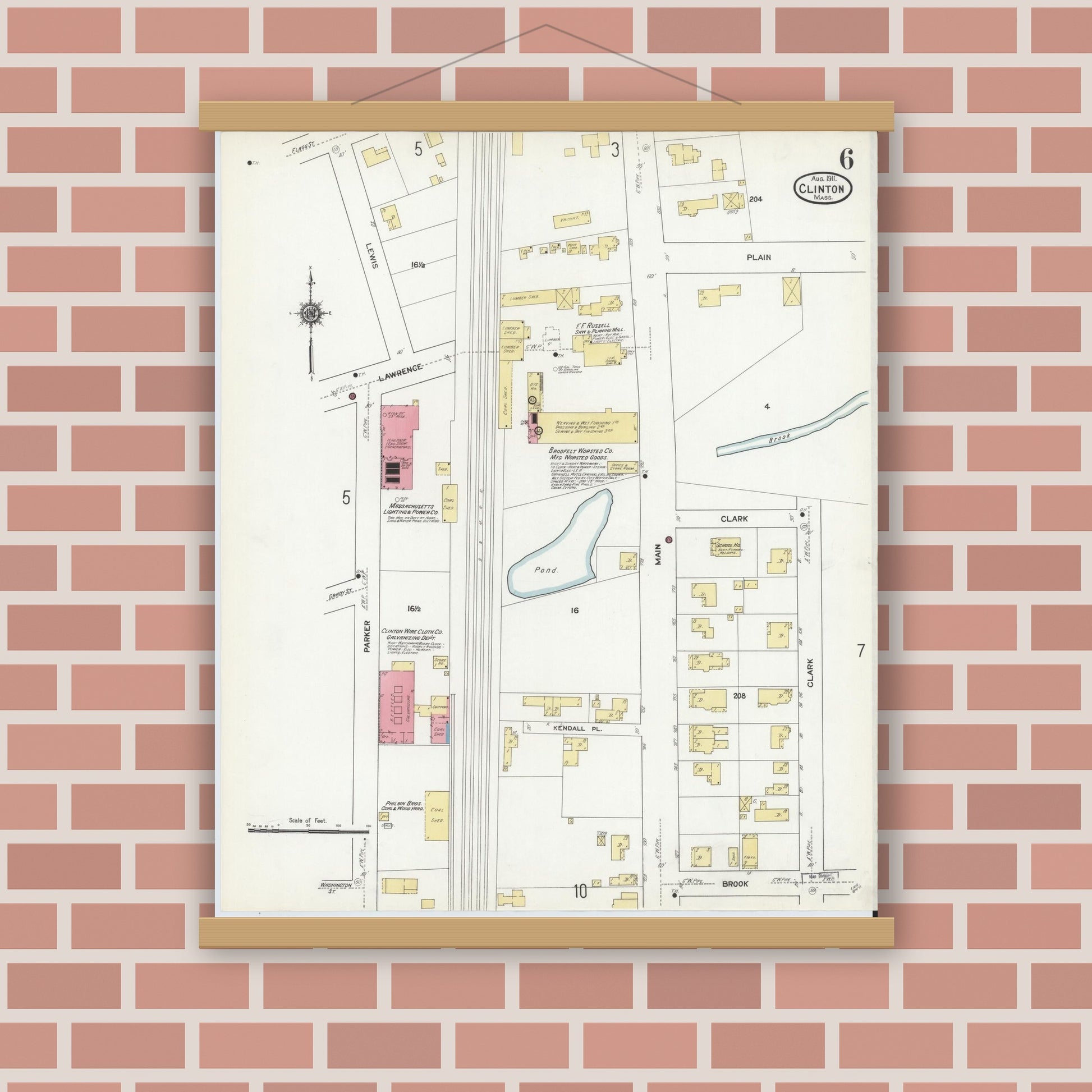 Old map wall art mockup — magnetic wood frame on brick wall — Sanborn Fire Insurance Map from Clinton, Worcester County, Massachusetts (1911), Sheet #0006