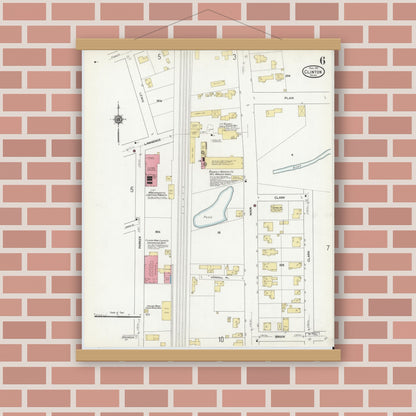 Old map wall art mockup — magnetic wood frame on brick wall — Sanborn Fire Insurance Map from Clinton, Worcester County, Massachusetts (1911), Sheet #0006