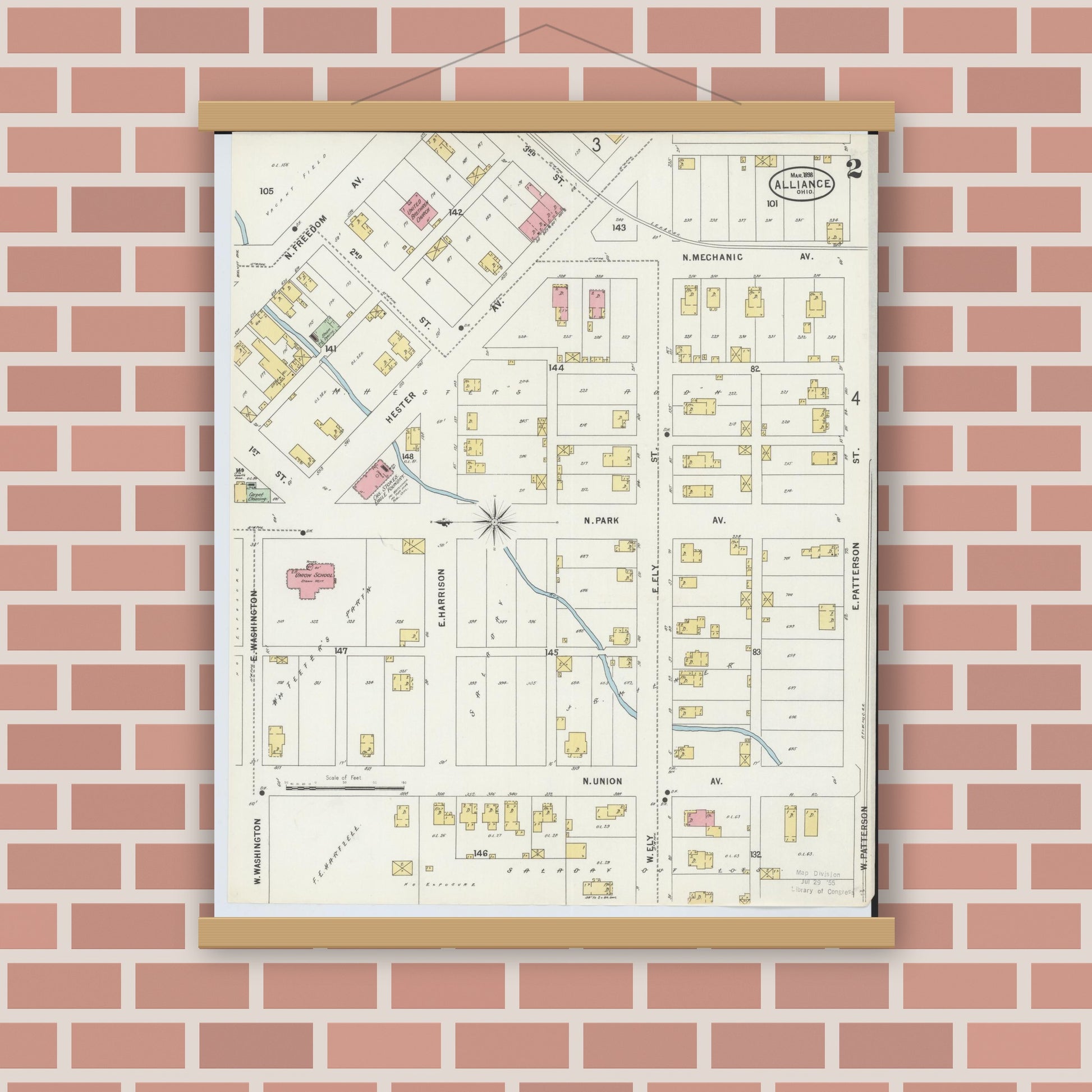 Old map wall art mockup — magnetic wood frame on brick wall — Sanborn Fire Insurance Map from Alliance, Stark County, Ohio (1898), Sheet #0002