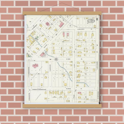Old map wall art mockup — magnetic wood frame on brick wall — Sanborn Fire Insurance Map from Alliance, Stark County, Ohio (1898), Sheet #0002