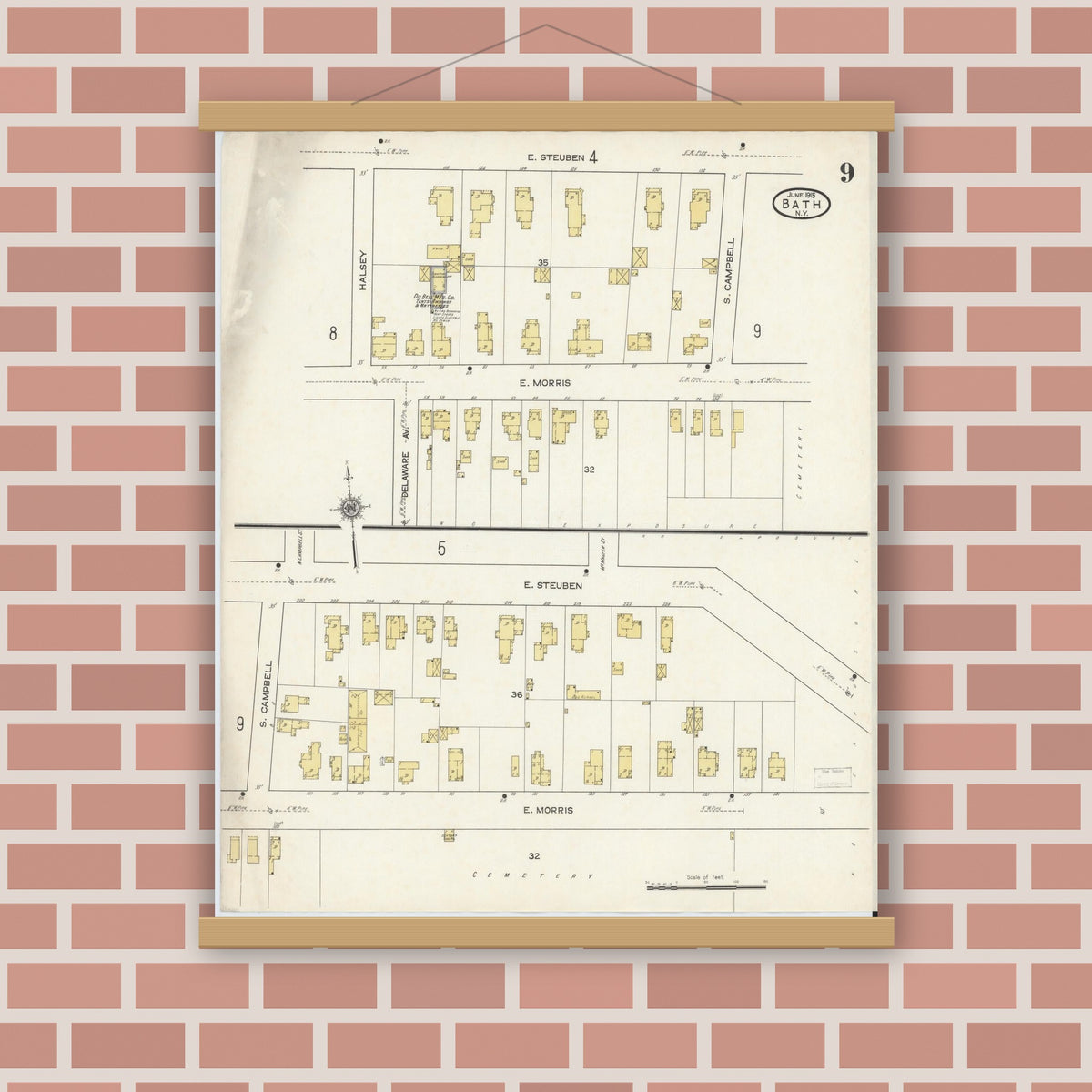 Old map wall art mockup — magnetic wood frame on brick wall — Sanborn Fire Insurance Map from Bath, Steuben County, New York (1915), Sheet #0009
