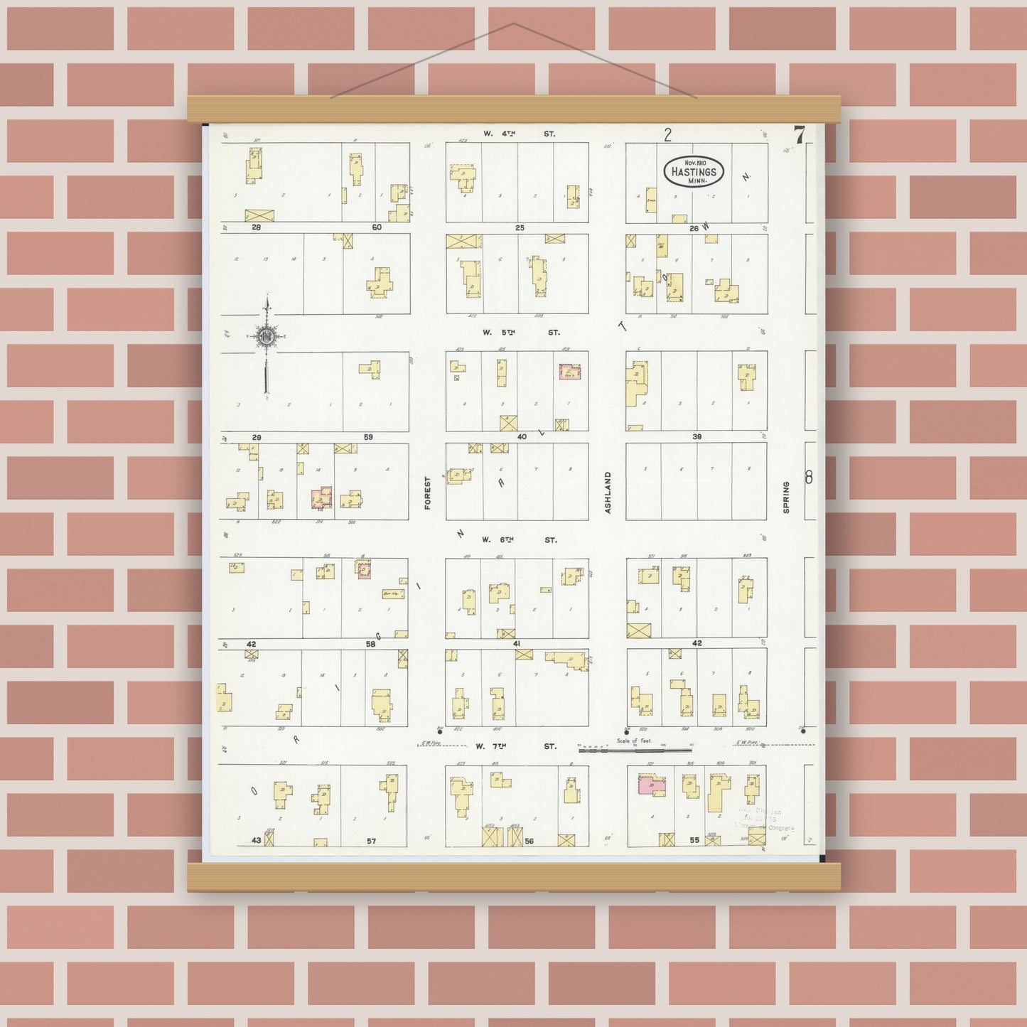 Old map wall art mockup — magnetic wood frame on brick wall — Sanborn Fire Insurance Map from Hastings, Dakota County, Minnesota (1910), Sheet #0007