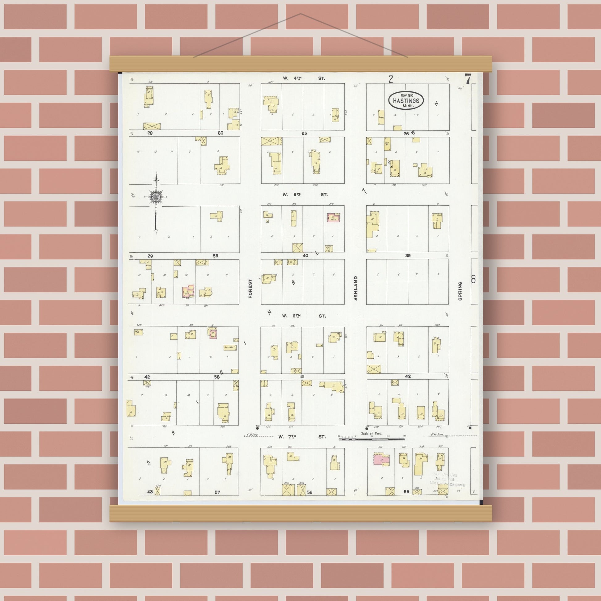 Old map wall art mockup — magnetic wood frame on brick wall — Sanborn Fire Insurance Map from Hastings, Dakota County, Minnesota (1910), Sheet #0007