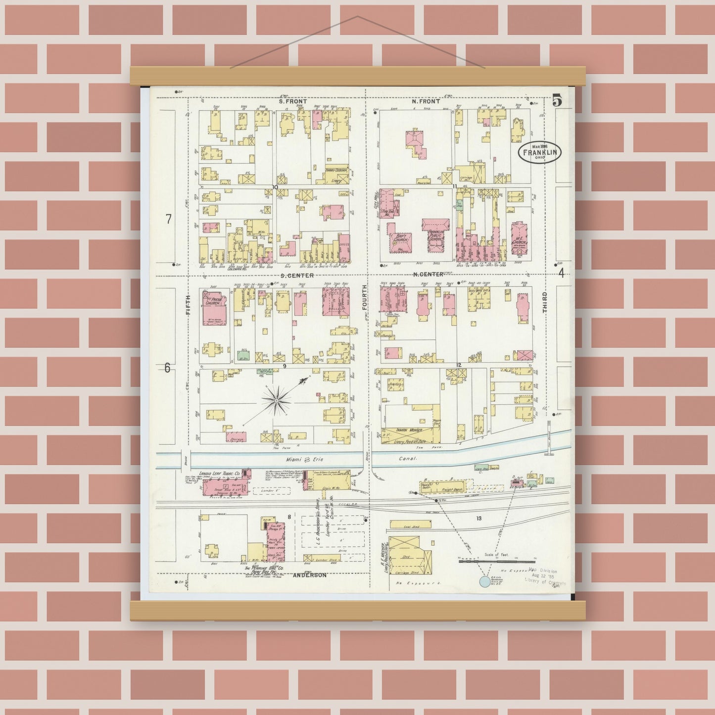 Old map wall art mockup — magnetic wood frame on brick wall — Sanborn Fire Insurance Map from Franklin, Warren County, Ohio (1898), Sheet #0005