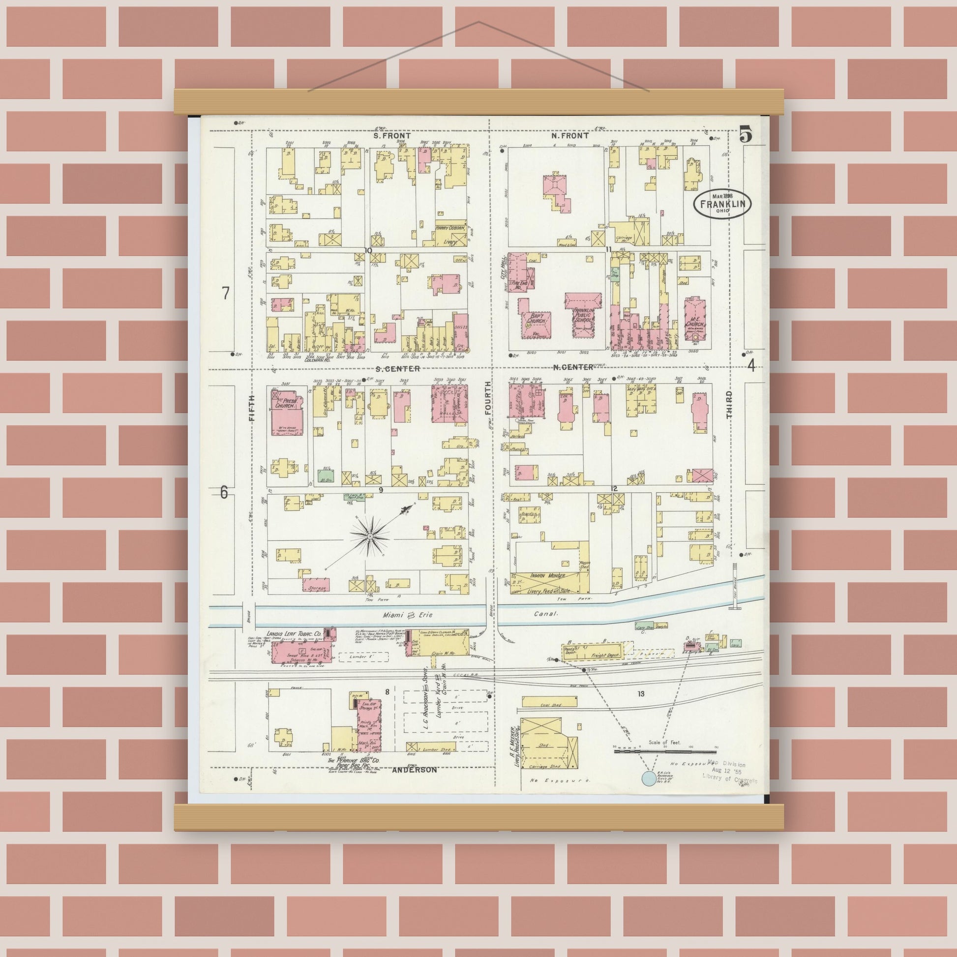 Old map wall art mockup — magnetic wood frame on brick wall — Sanborn Fire Insurance Map from Franklin, Warren County, Ohio (1898), Sheet #0005