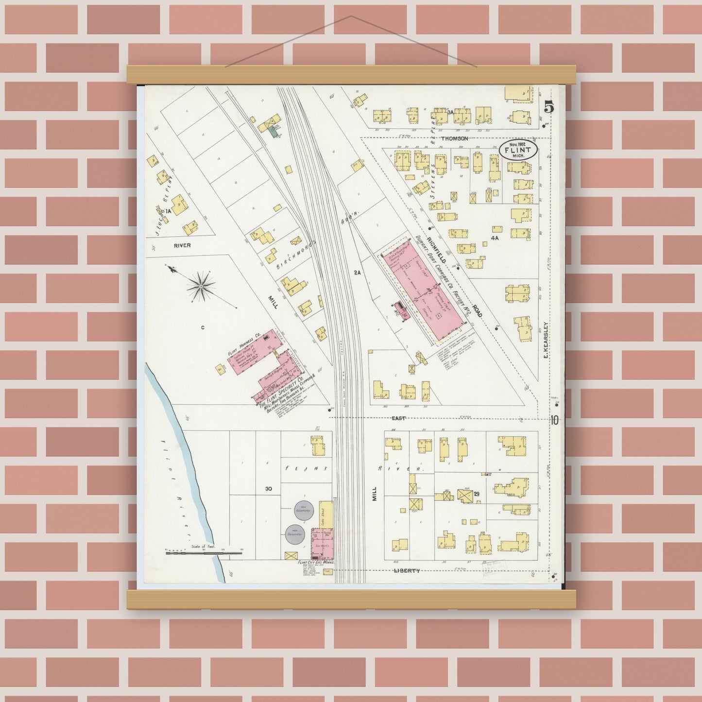 Old map wall art mockup — magnetic wood frame on brick wall — Sanborn Fire Insurance Map from Flint, Genesee County, Michigan (1902), Sheet #0005