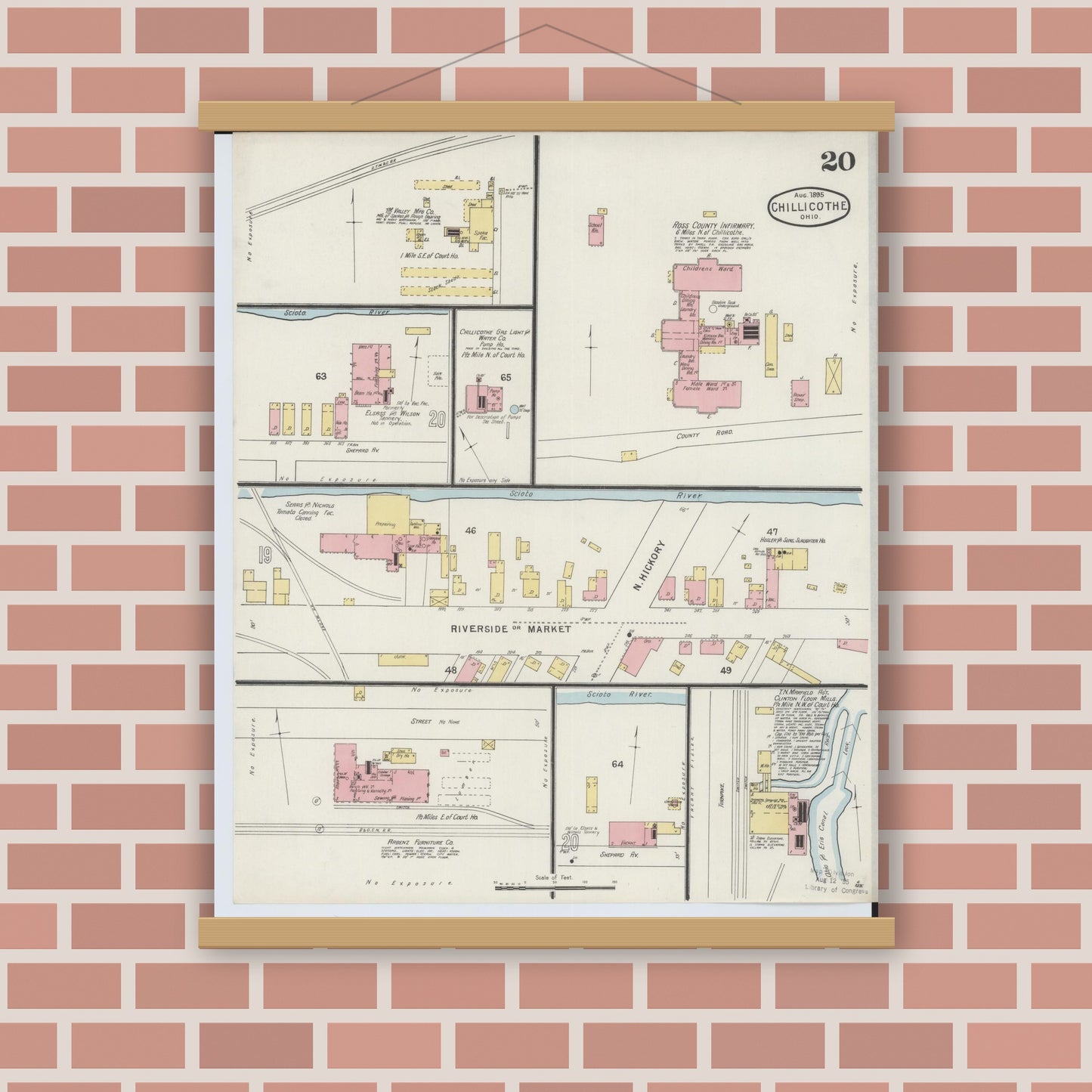 Old map wall art mockup — magnetic wood frame on brick wall — Sanborn Fire Insurance Map from Chillicothe, Ross County, Ohio (1895), Sheet #0020