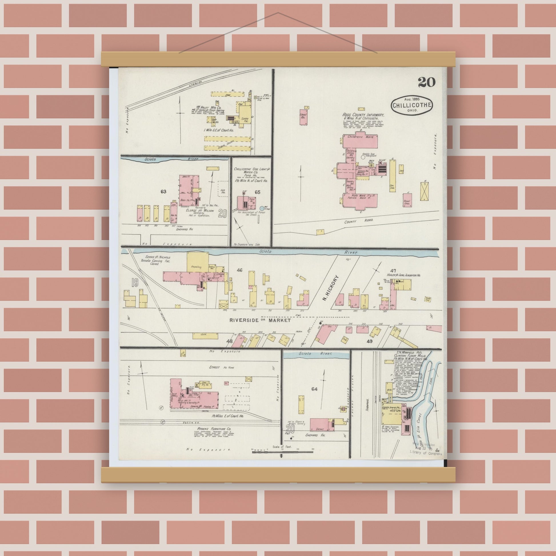 Old map wall art mockup — magnetic wood frame on brick wall — Sanborn Fire Insurance Map from Chillicothe, Ross County, Ohio (1895), Sheet #0020