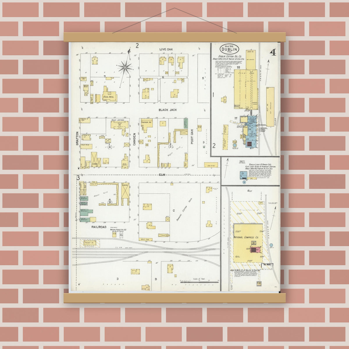 Old map wall art mockup — magnetic wood frame on brick wall — Sanborn Fire Insurance Map from Dublin, Erath County, Texas (1902), Sheet #0004