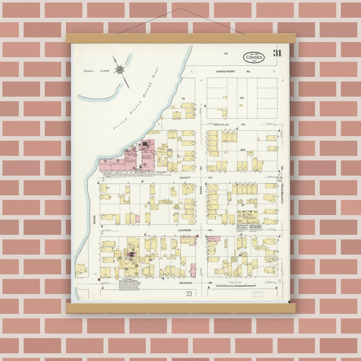 Old map wall art mockup — magnetic wood frame on brick wall — Sanborn Fire Insurance Map from Cohoes, Albany County, New York (1910), Sheet #0031