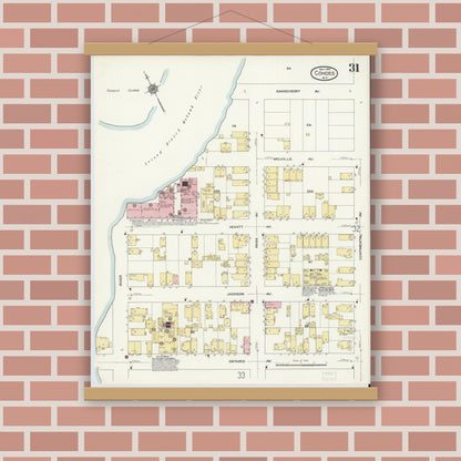 Old map wall art mockup — magnetic wood frame on brick wall — Sanborn Fire Insurance Map from Cohoes, Albany County, New York (1910), Sheet #0031