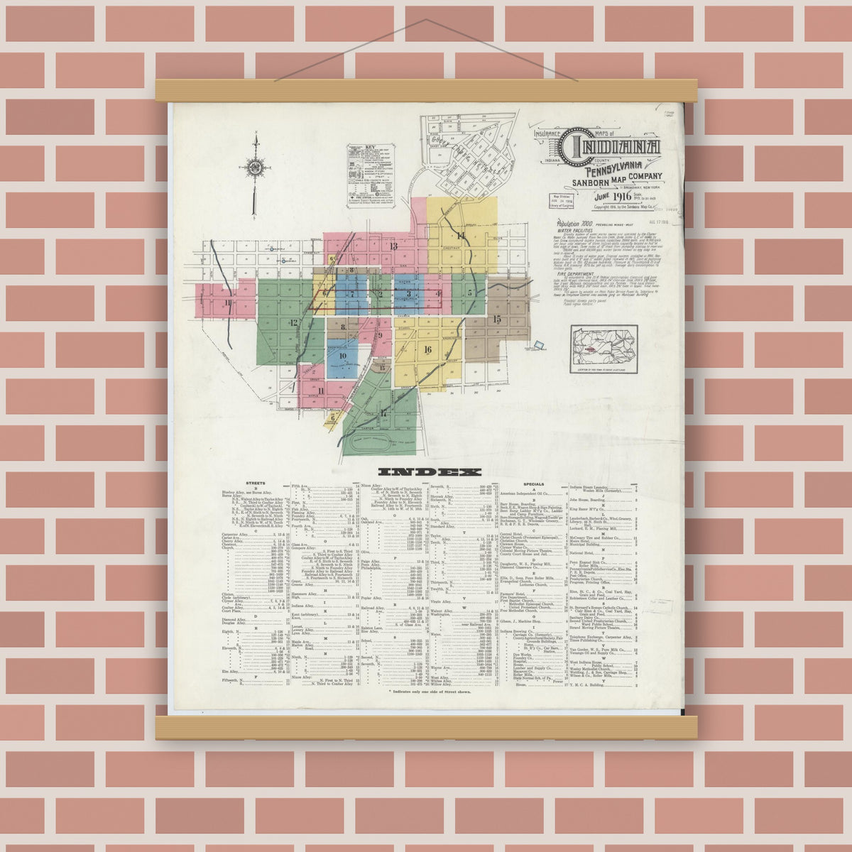 Old map wall art mockup — magnetic wood frame on brick wall — Sanborn Fire Insurance Map from Indiana, Indiana County, Pennsylvania (1916) - Complete Map Set