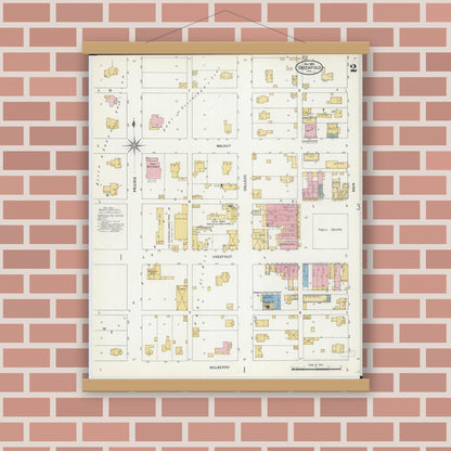 Old map wall art mockup — magnetic wood frame on brick wall — Sanborn Fire Insurance Map from Greenfield, Greene County, Illinois (1906), Sheet #0002