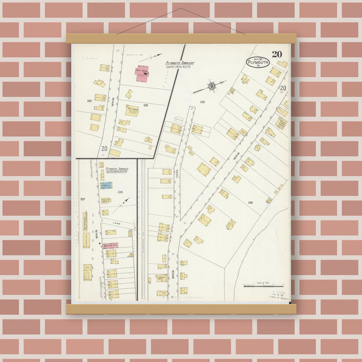 Old map wall art mockup — magnetic wood frame on brick wall — Sanborn Fire Insurance Map from Plymouth, Luzerne County, Pennsylvania (1912), Sheet #0020