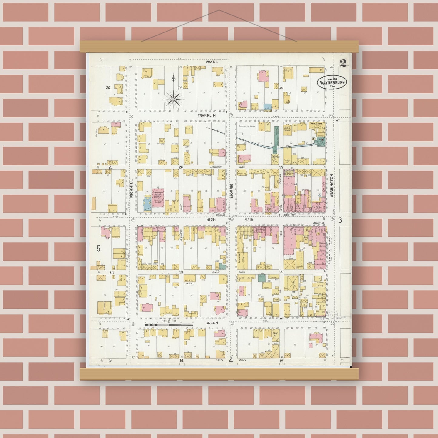 Old map wall art mockup — magnetic wood frame on brick wall — Sanborn Fire Insurance Map from Waynesburg, Greene County, Pennsylvania (1901), Sheet #0002