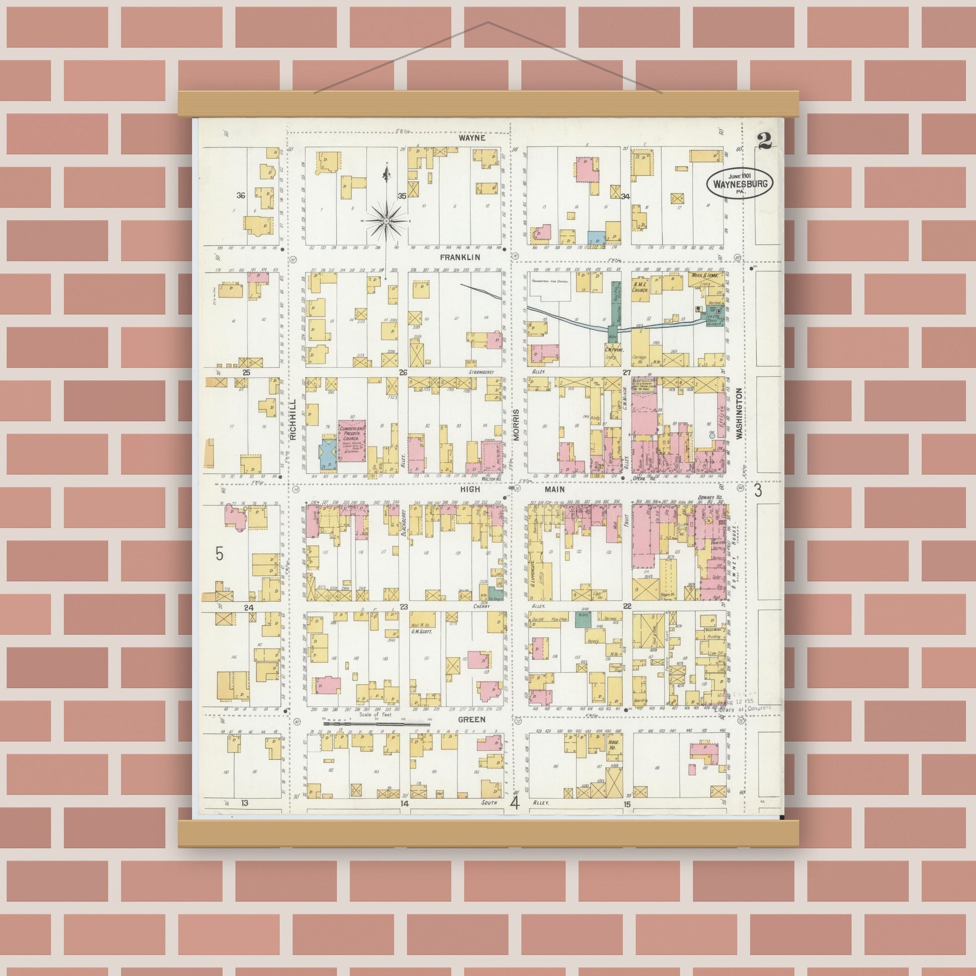 Old map wall art mockup — magnetic wood frame on brick wall — Sanborn Fire Insurance Map from Waynesburg, Greene County, Pennsylvania (1901), Sheet #0002
