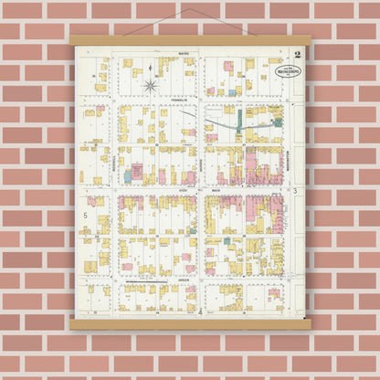 Old map wall art mockup — magnetic wood frame on brick wall — Sanborn Fire Insurance Map from Waynesburg, Greene County, Pennsylvania (1901), Sheet #0002